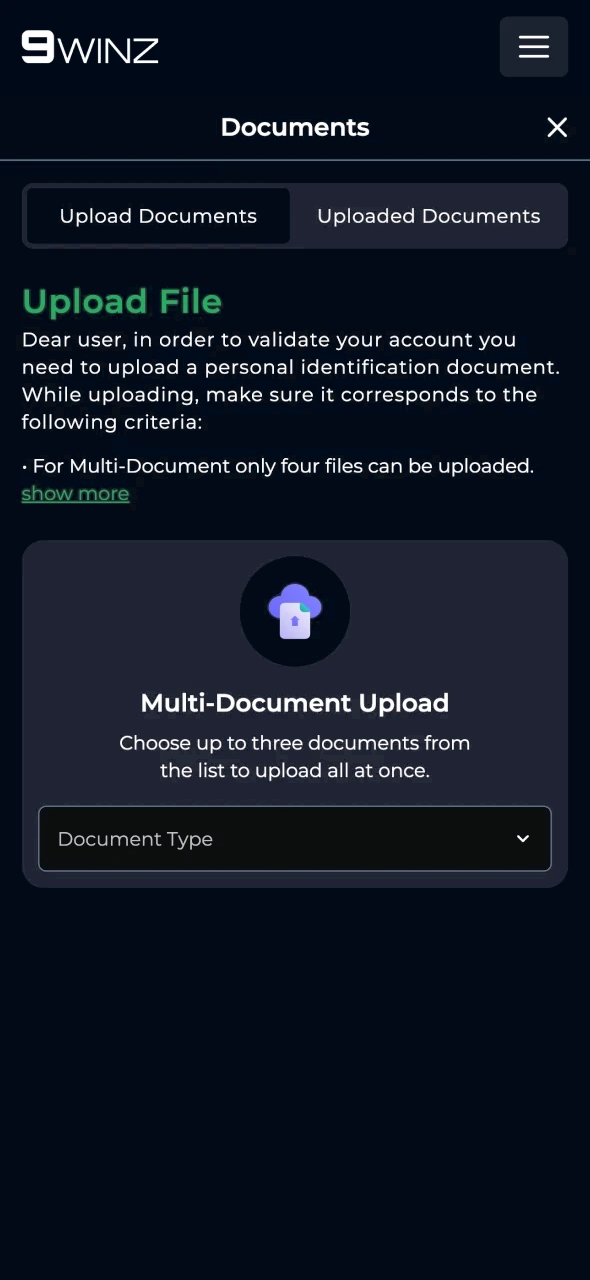 Validate your 9winz account with personal information.
