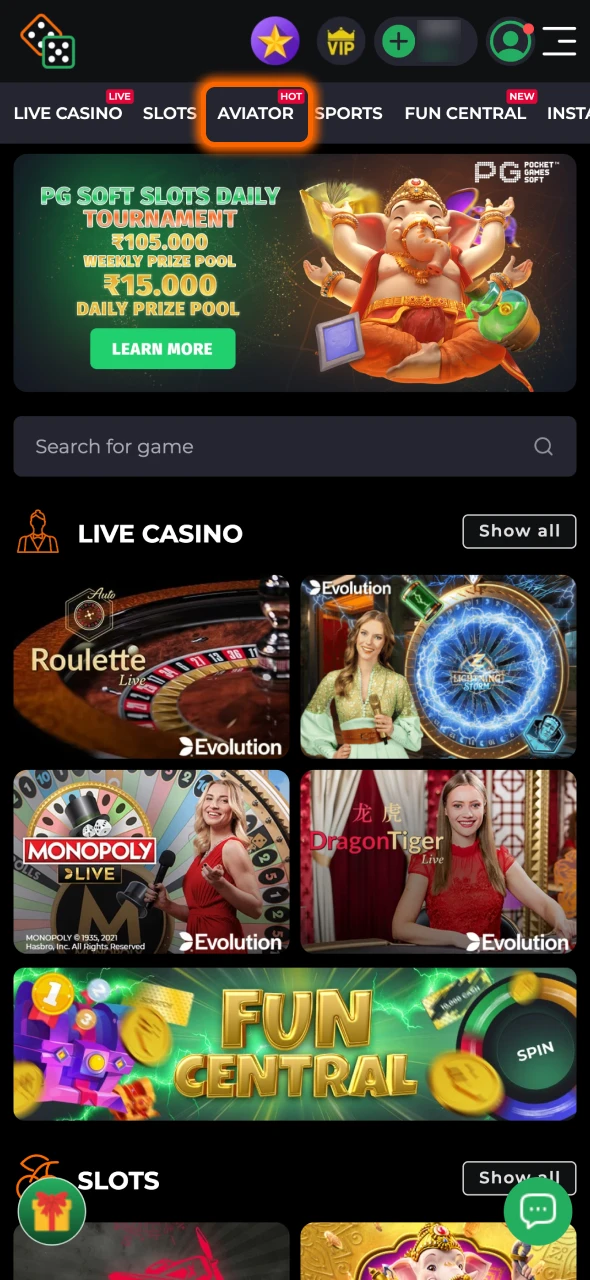 Locate the Aviator game in its dedicated section at 9winz.