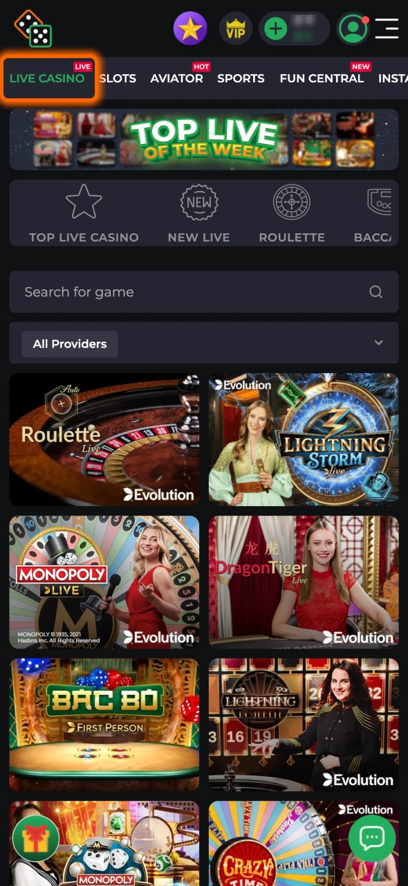 Select the live casino category in the 9winz menu.