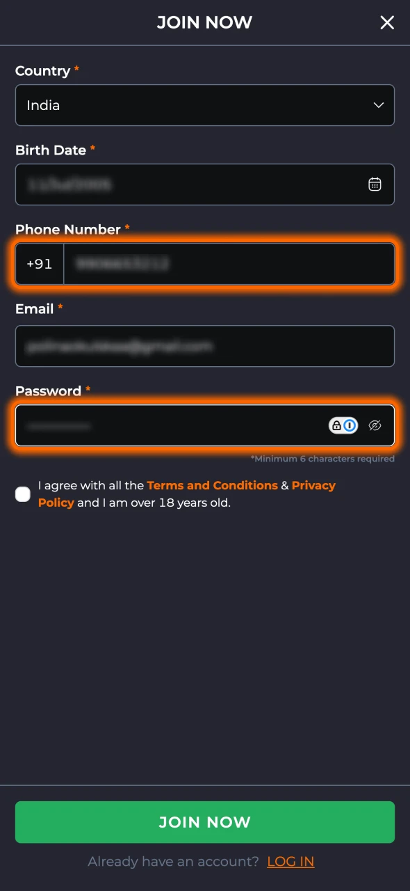 Enter your phone number and a password at 9winz.