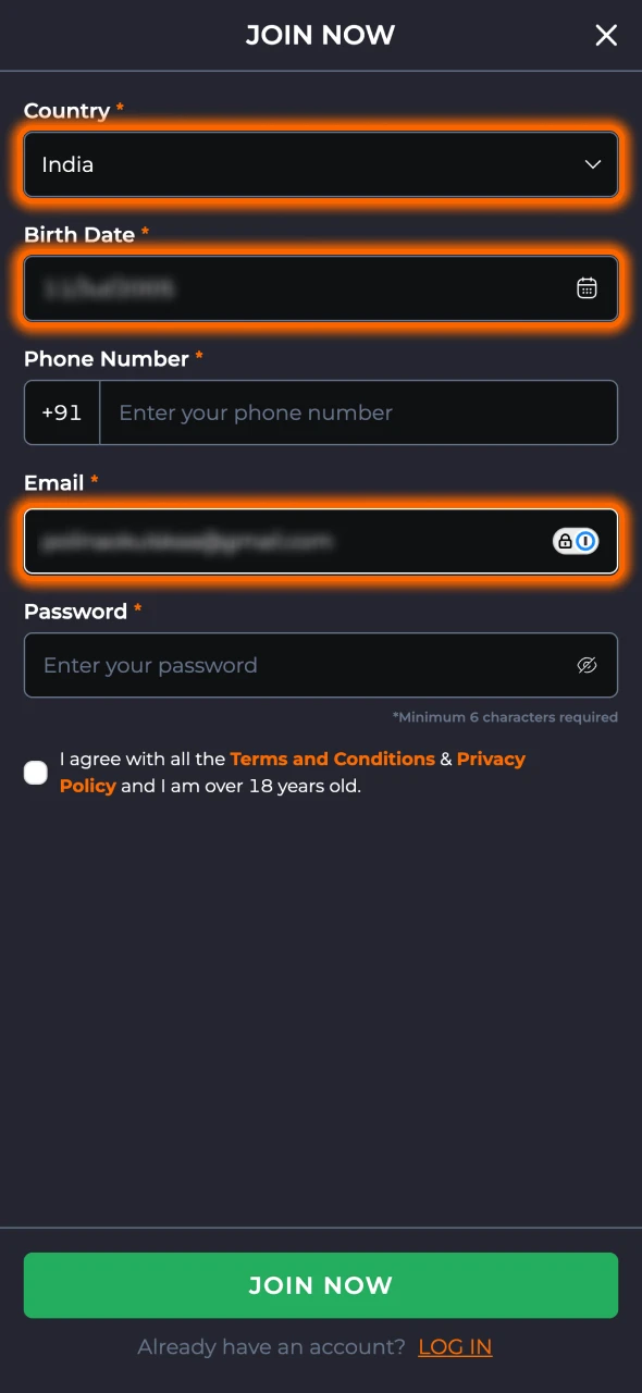 Fill in the required details in 9winz registration form.