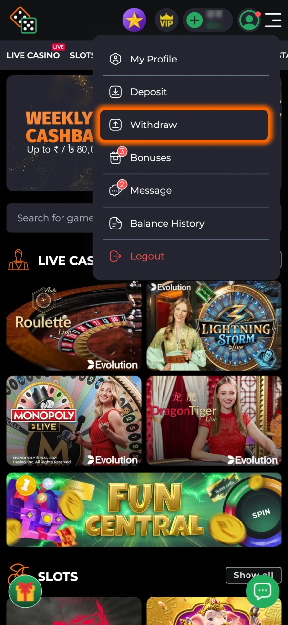 Click Withdraw button at 9winz main page.
