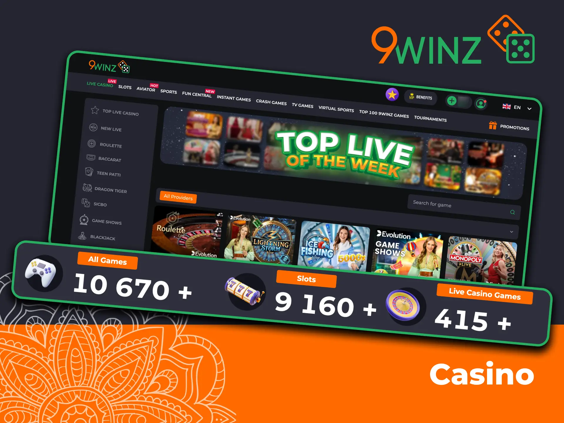 Enjoy live casino, slots, crash games and TV games anytime on 9winz.