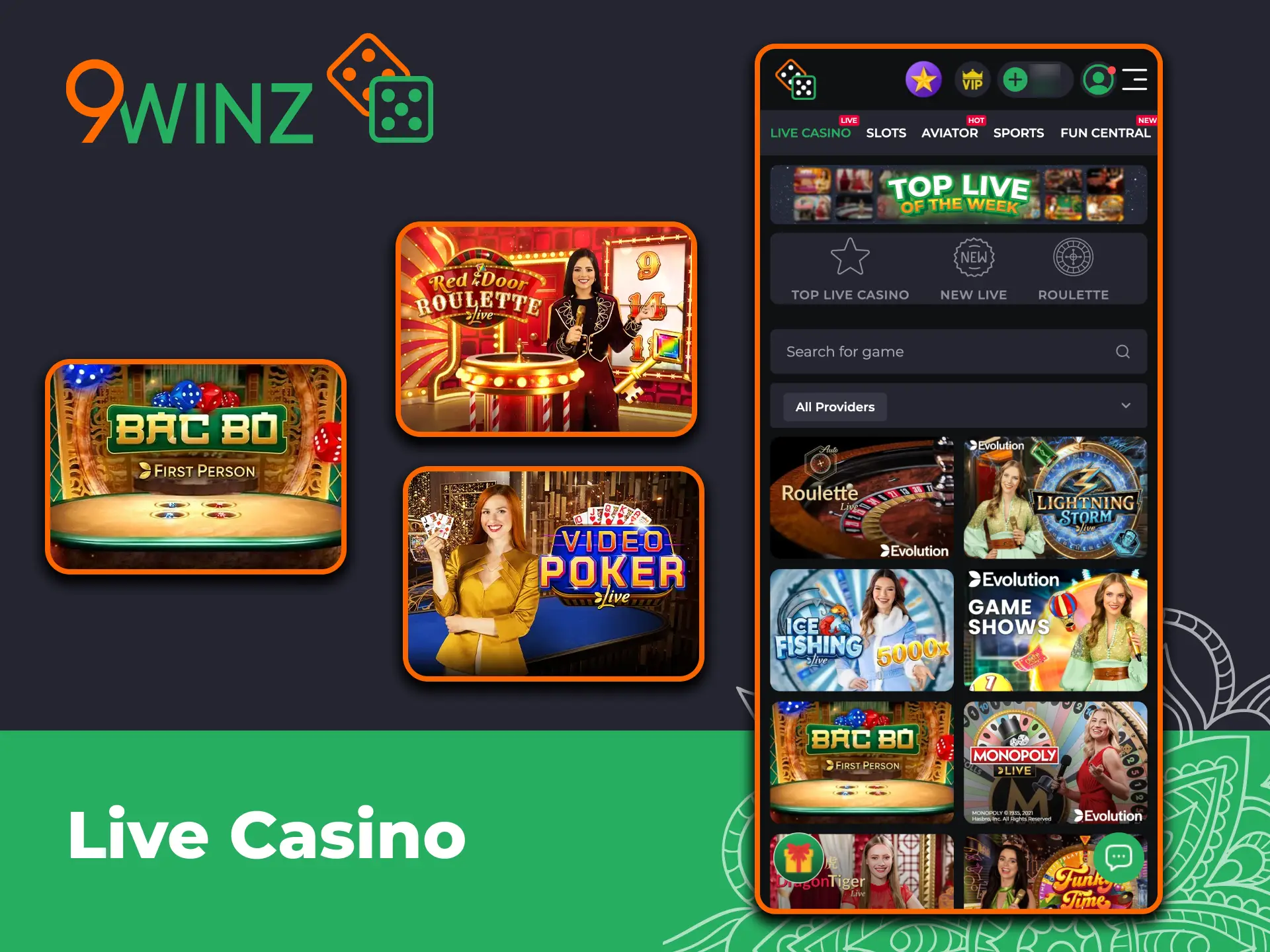 Play Live Casino games with real dealers on 9winz mobile.