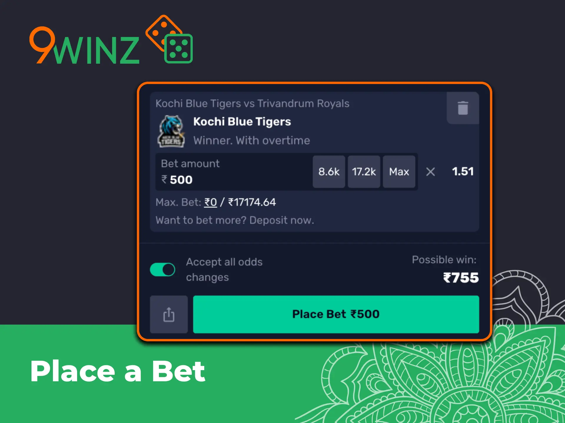 Place sports bets easily via 9winz mobile website.