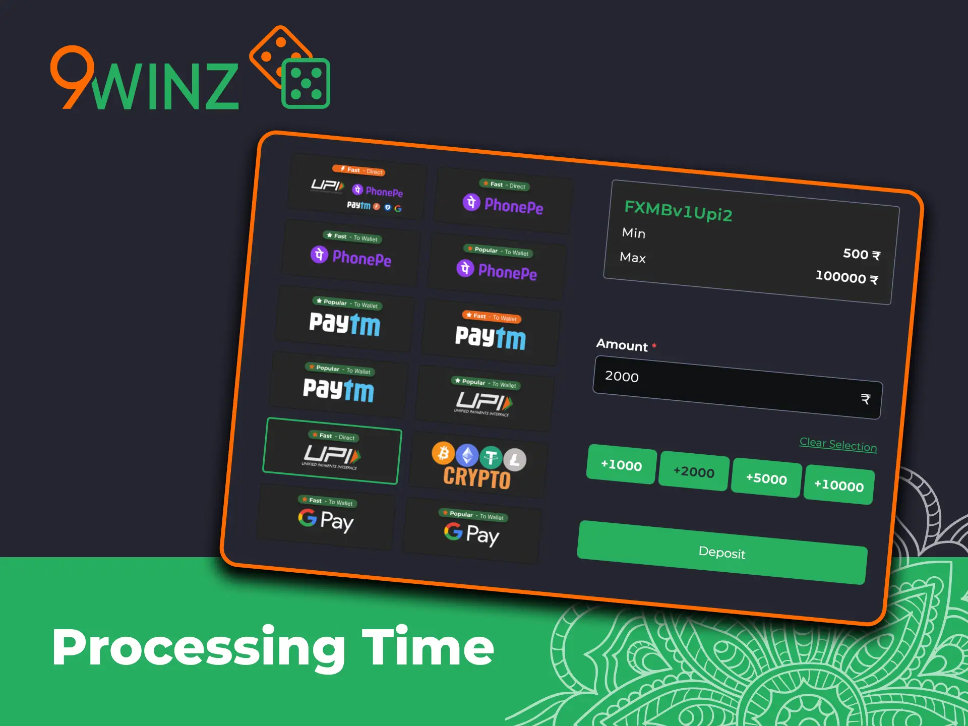 Fund your 9winz account instantly, UPI credits within seconds.