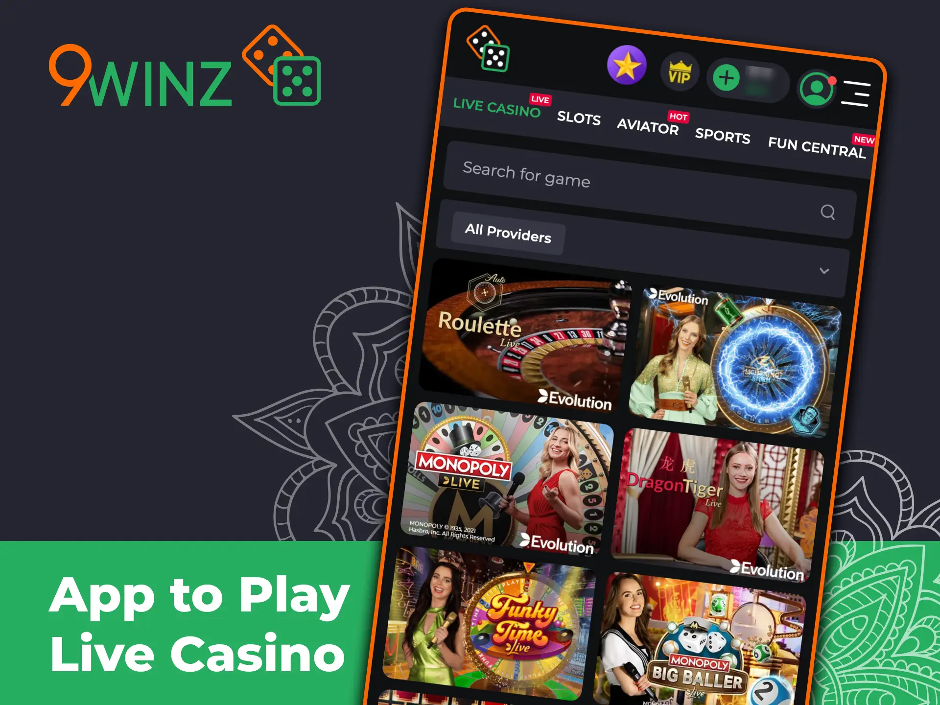 Play live casino on 9winz mobile without download.