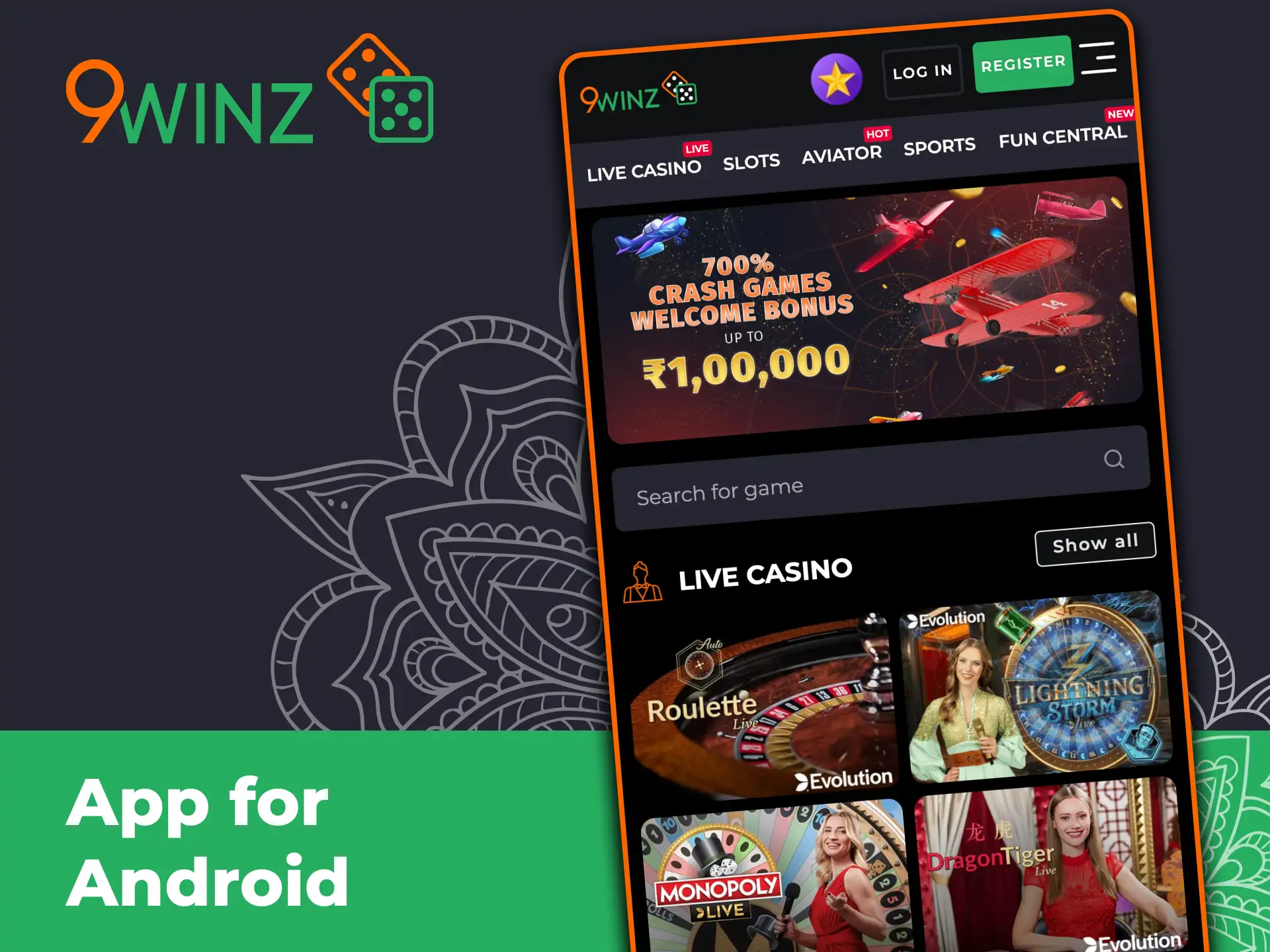 Open 9winz on Android browser and start betting.