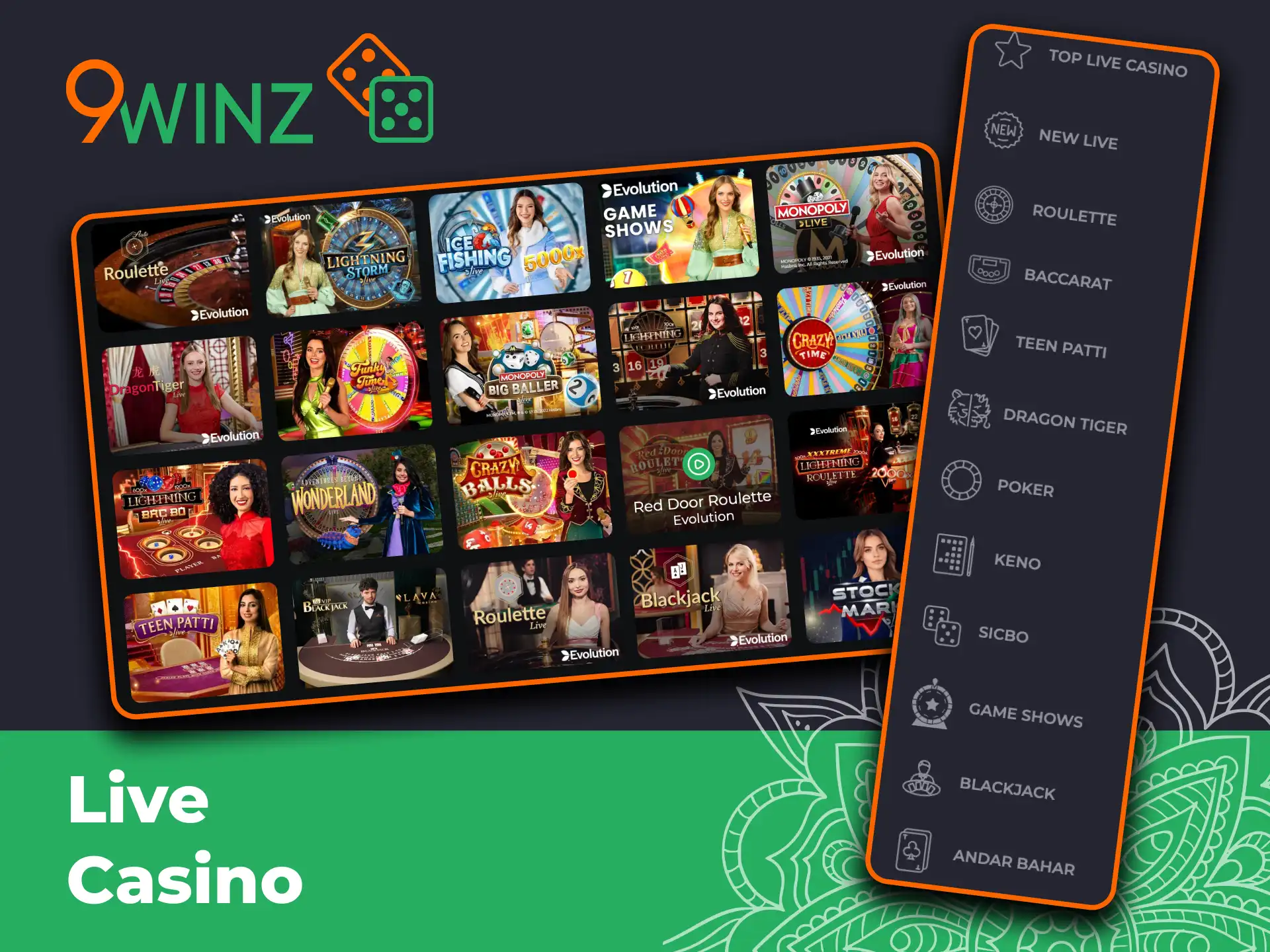 Play at 9winz Live Casino with real dealers.