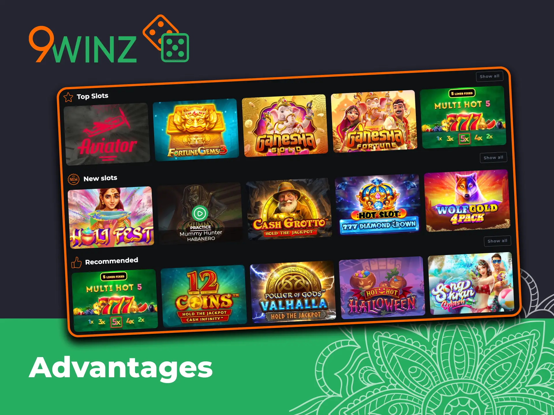 Discover hundreds of exciting slots at 9winz casino.