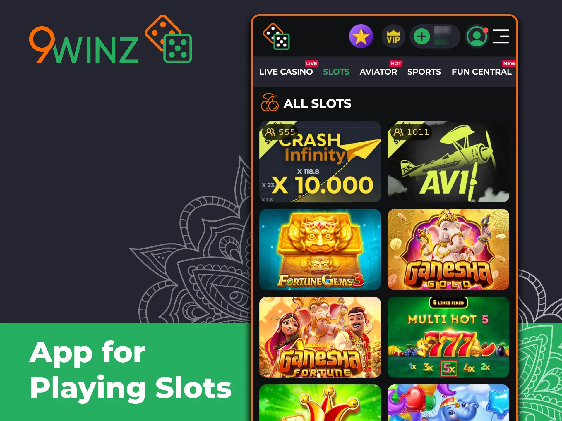Play your favorite slots anytime with the 9winz app.
