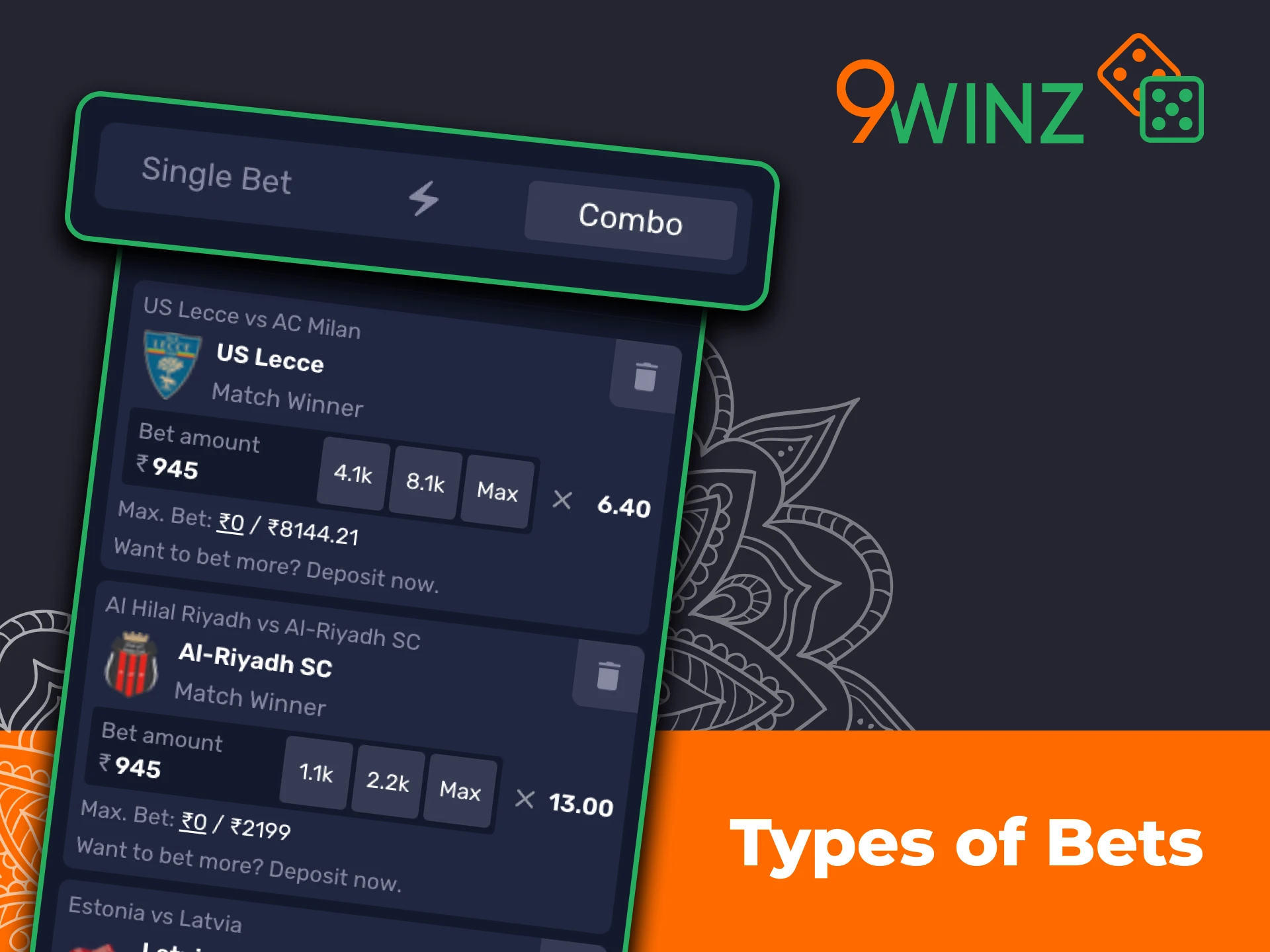 Place single, accumulator, and live bets on 9winz.