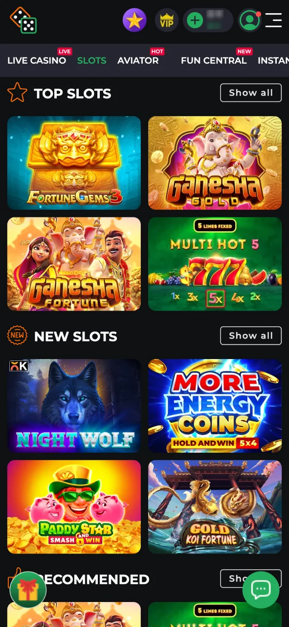 Choose a casino game at 9winz.