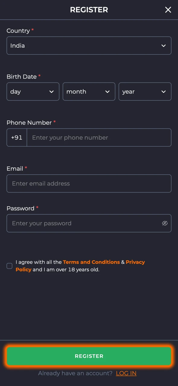 Click register button and start creating 9winz account.