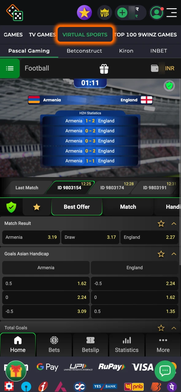 Choose the virtual sports tab at 9winz.