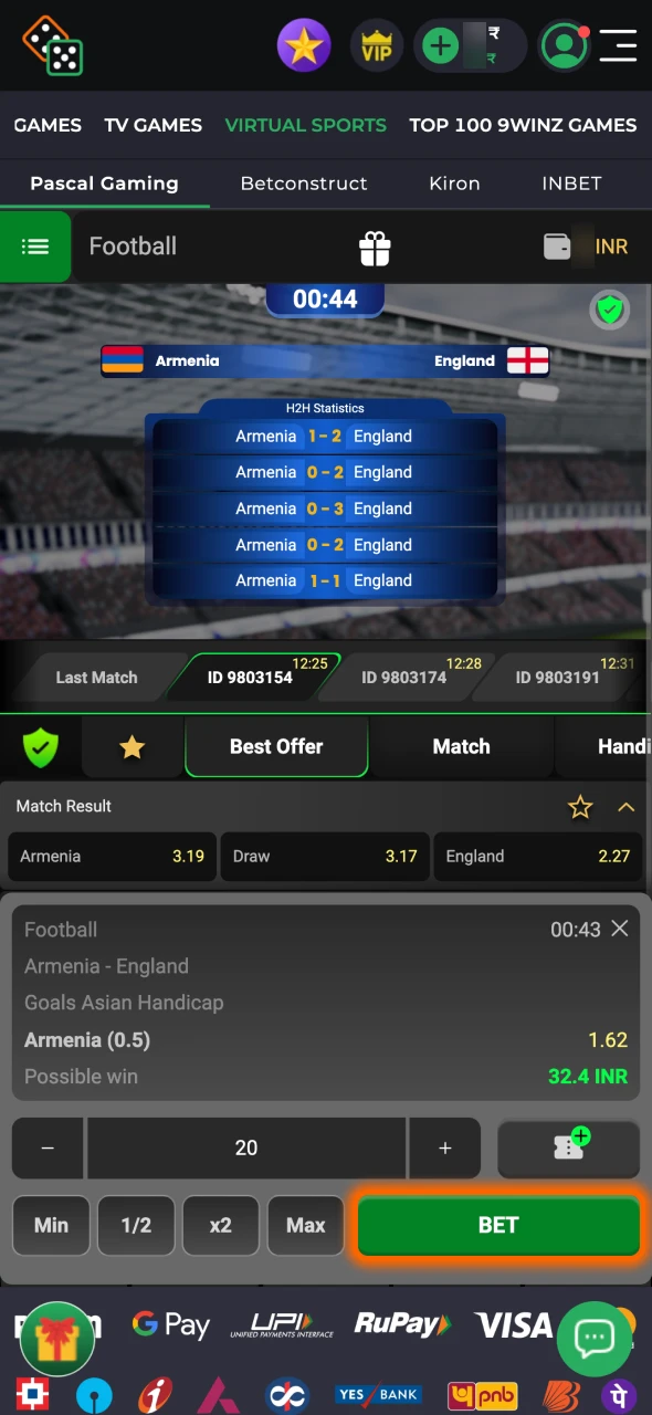 Click on the match and place your bet at 9winz.