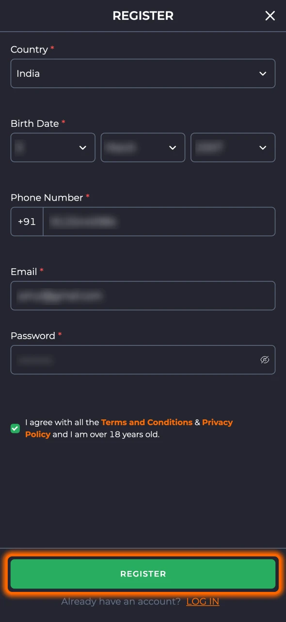 Fill out 9winz form with your personal information.