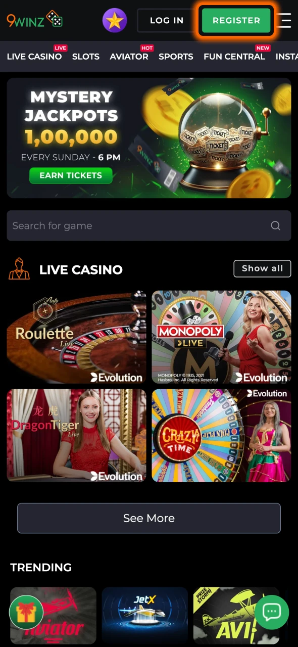 Open 9winz registration window.