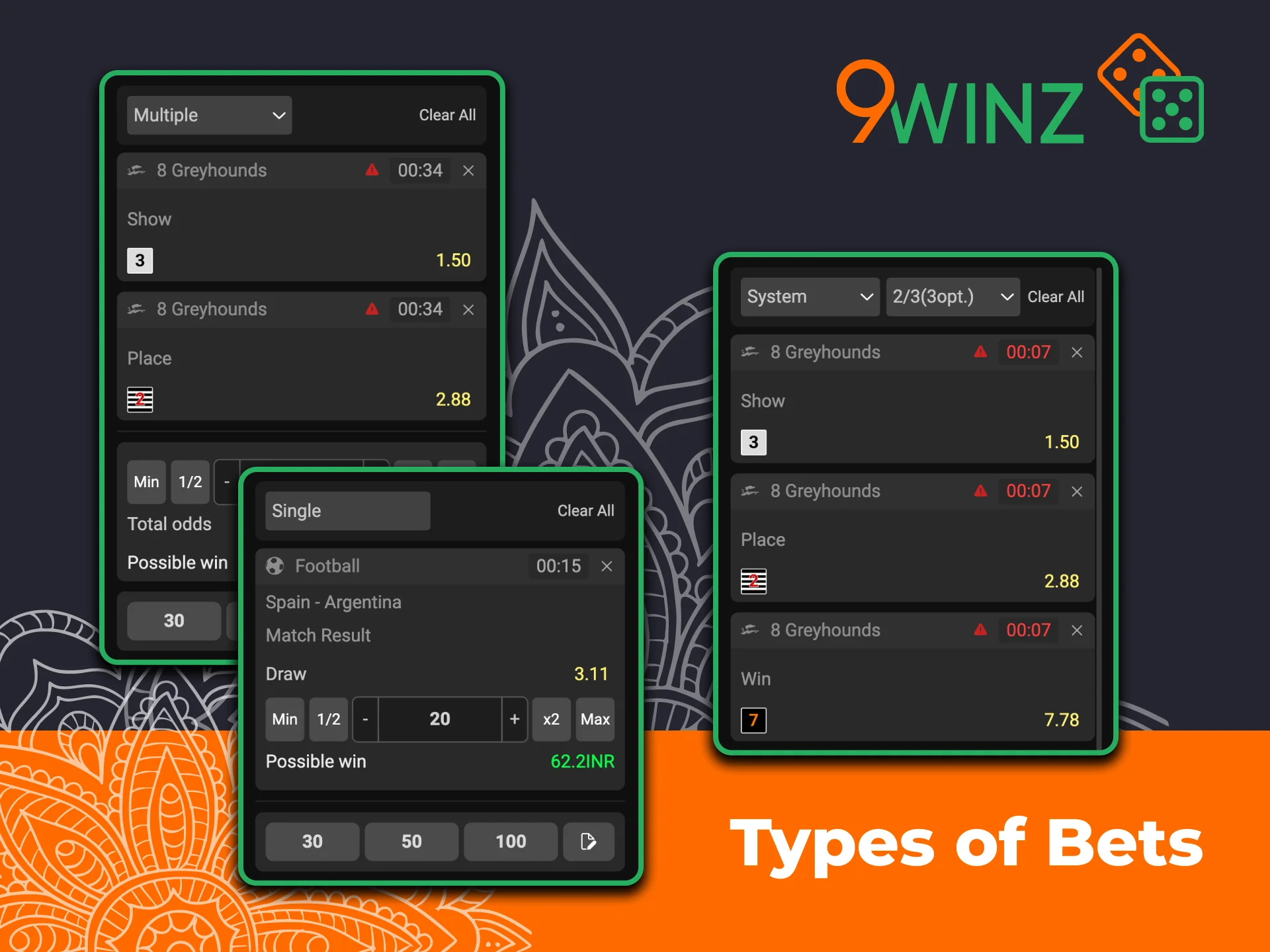 9winz virtual sports offer the same basic types of bets.